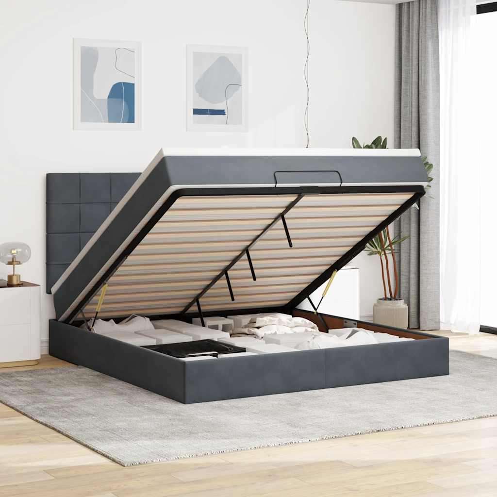 Cadre de lit ottoman avec matelas gris foncé 180x200cm velours - XIOS