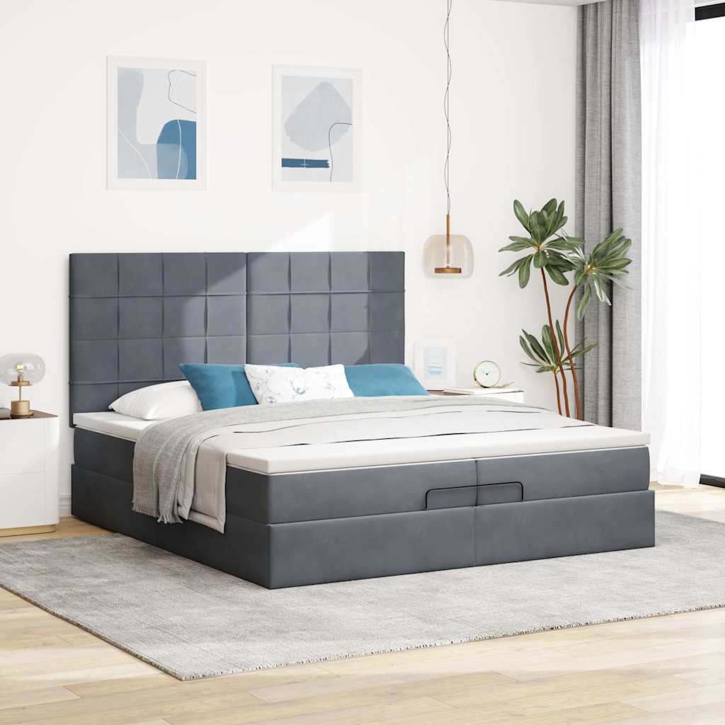 Cadre de lit ottoman avec matelas gris foncé 200x200 cm velours - XIOS