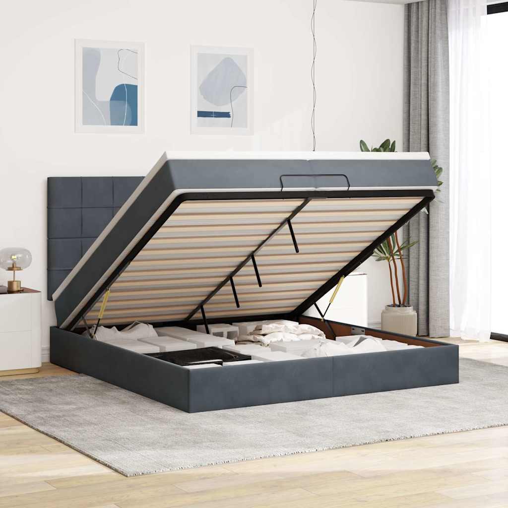 Cadre de lit ottoman avec matelas gris foncé 200x200 cm velours - XIOS