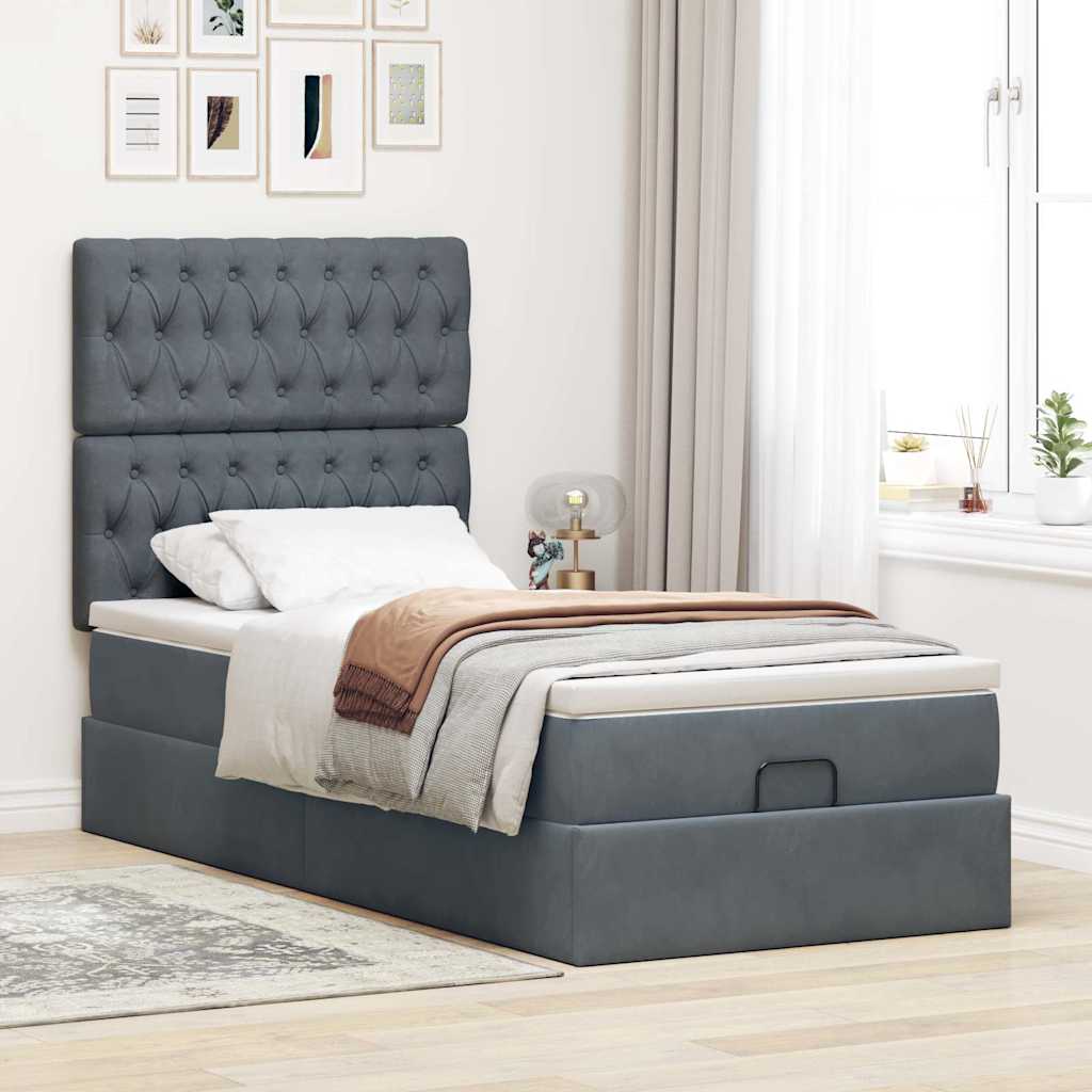 Cadre de lit ottoman avec matelas gris foncé 80x200 cm velours - XIOS