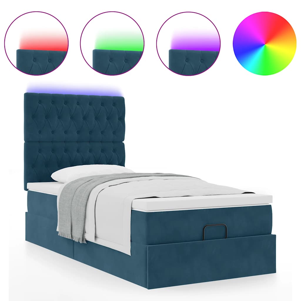 Cadre de lit ottoman avec matelas bleu foncé 90x190 cm velours