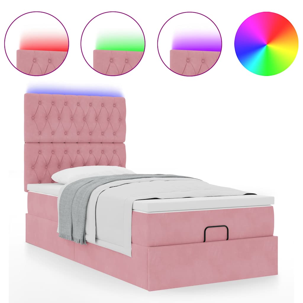 Cadre de lit ottoman avec matelas rose 90x190 cm velours