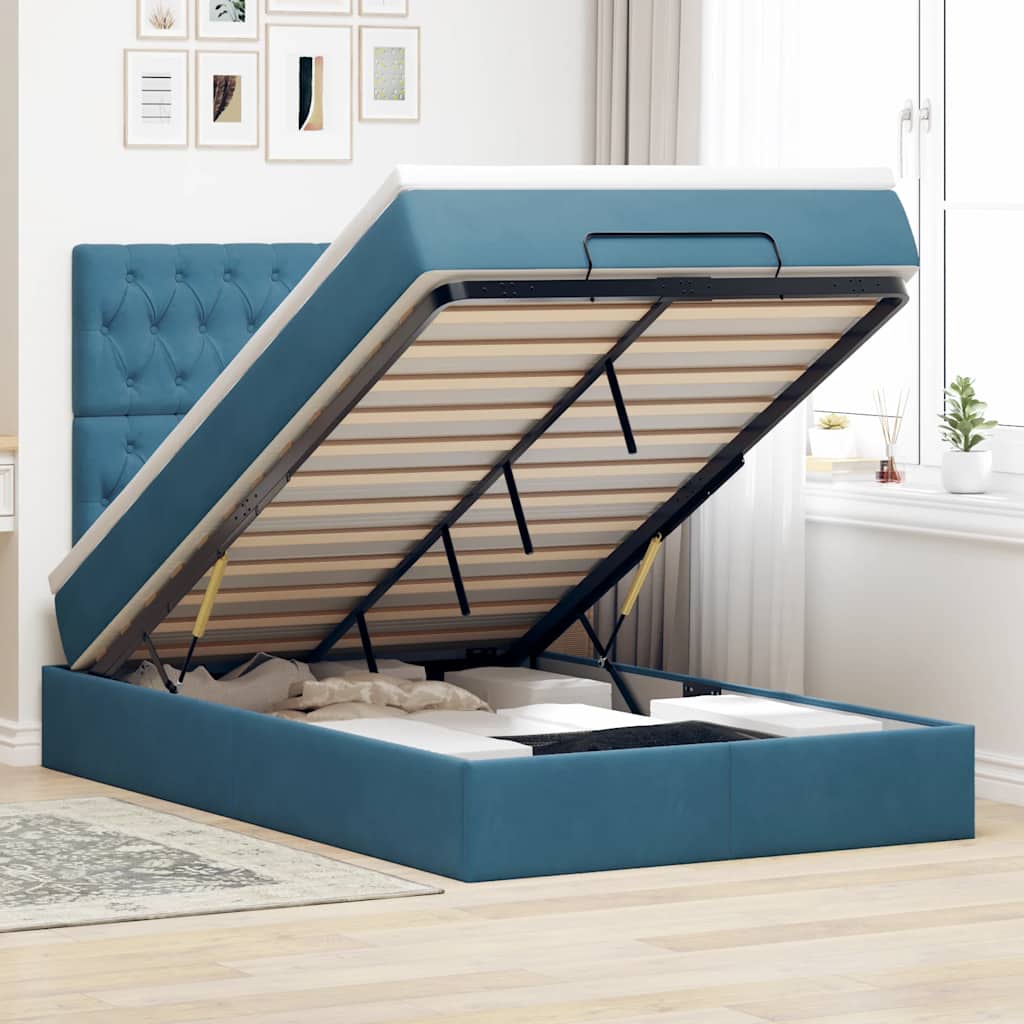 Cadre de lit ottoman avec matelas bleu foncé 120x200 cm velours - XIOS
