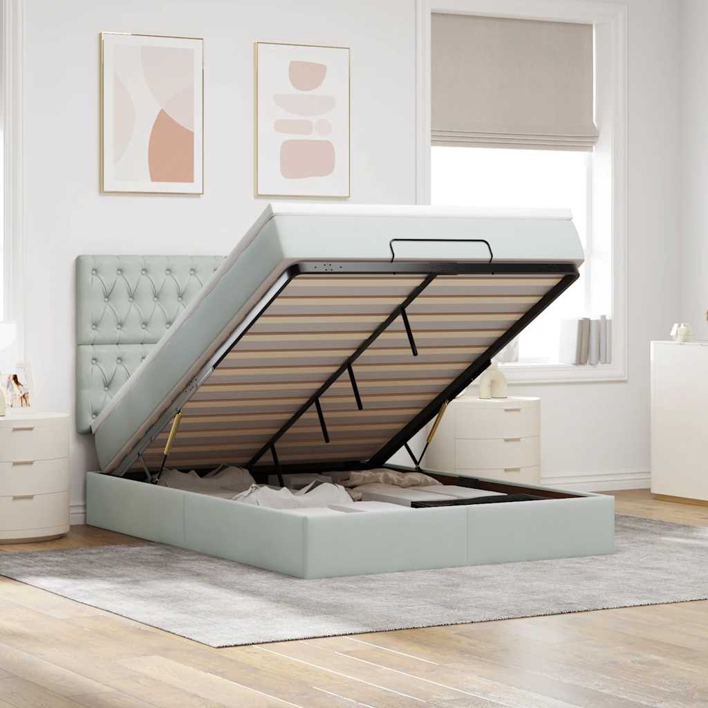 Cadre de lit ottoman et matelas gris clair 140x190 velours - XIOS