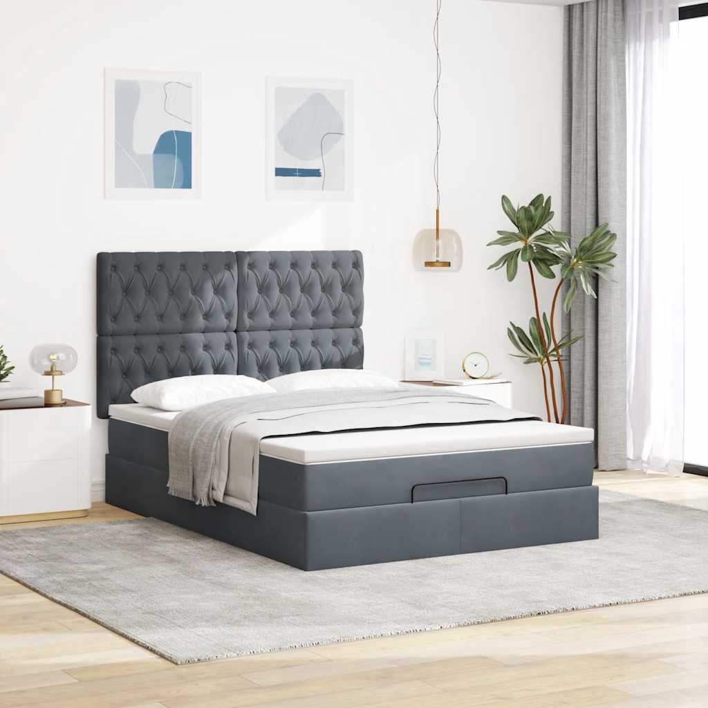 Cadre de lit ottoman avec matelas gris foncé 140x190 cm velours - XIOS