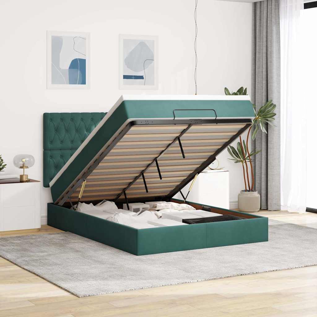 Cadre de lit ottoman avec matelas vert foncé 140x190 cm velours - XIOS