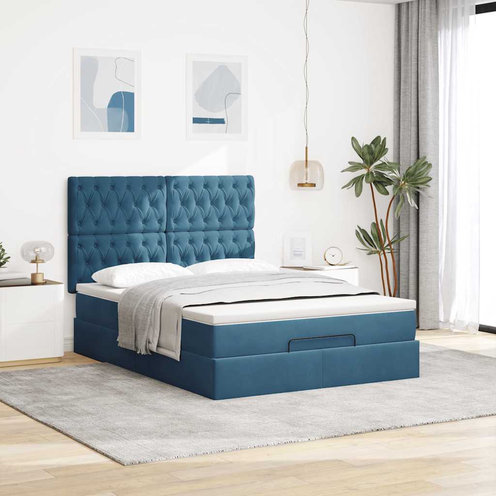 Cadre de lit ottoman avec matelas bleu foncé 140x190 cm velours - XIOS