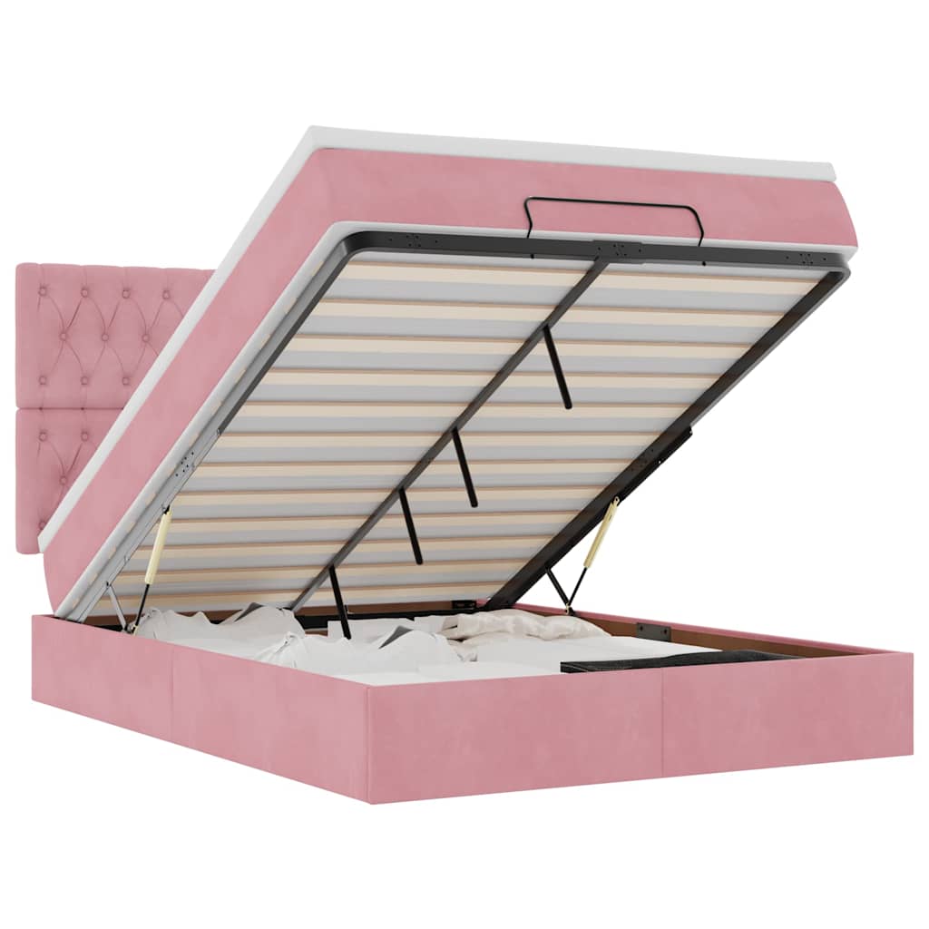 Cadre de lit ottoman avec matelas rose 140x190 cm velours - XIOS