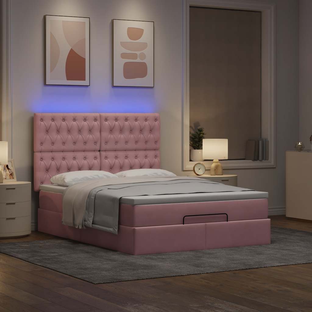 Cadre de lit ottoman avec matelas rose 140x190 cm velours - XIOS