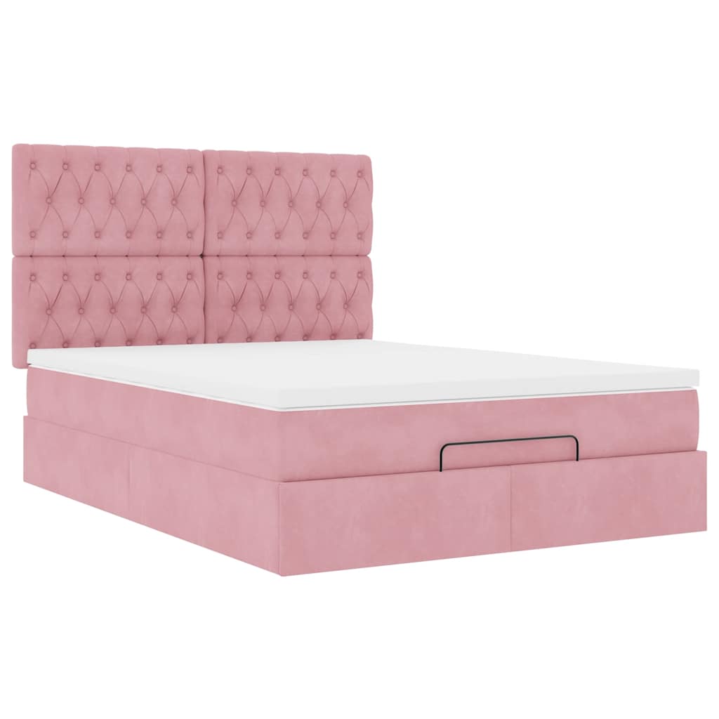Cadre de lit ottoman avec matelas rose 140x190 cm velours - XIOS