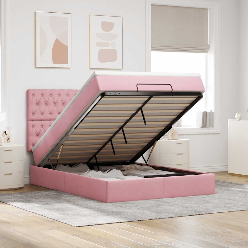 Cadre de lit ottoman avec matelas rose 140x190 cm velours - XIOS
