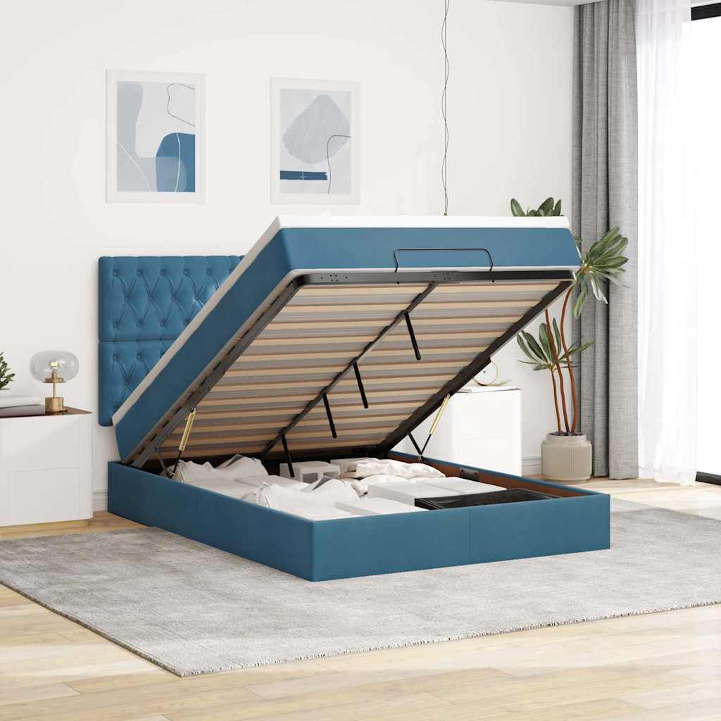 Cadre de lit ottoman avec matelas bleu foncé 140x200 cm velours - XIOS