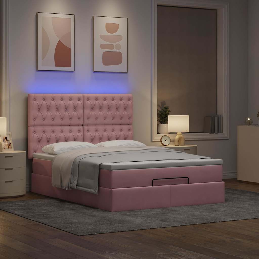 Cadre de lit ottoman avec matelas rose 140x200 cm velours - XIOS