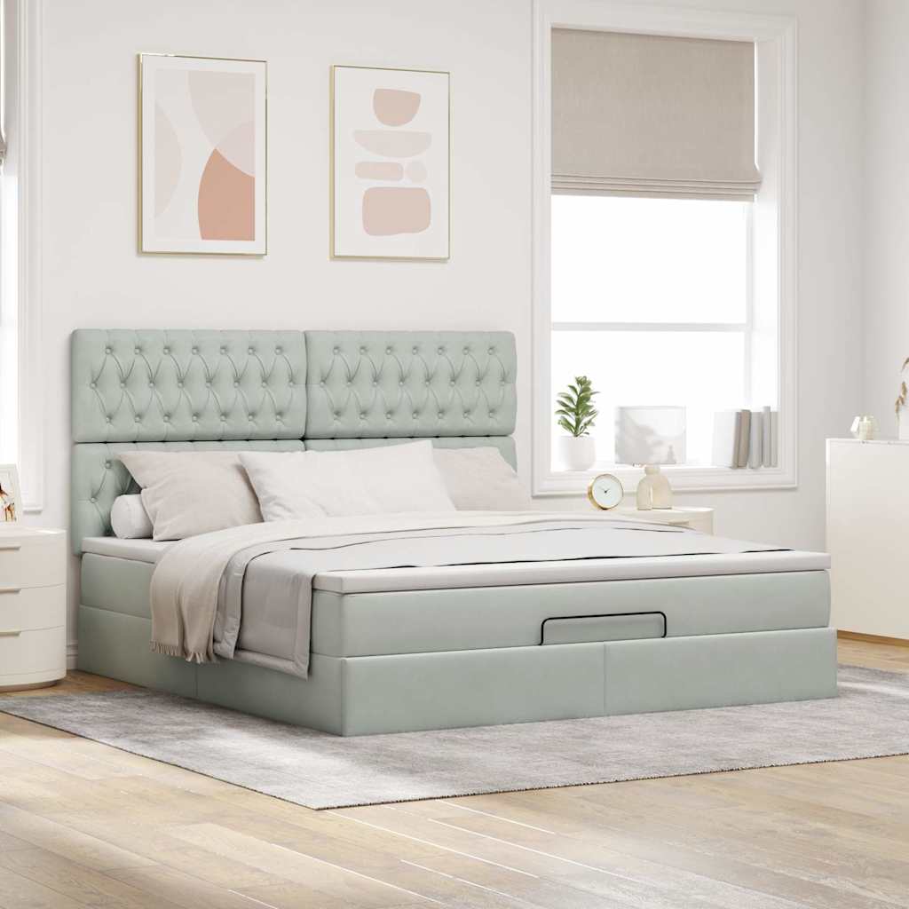 Cadre de lit ottoman et matelas gris clair 160x200cm velours - XIOS