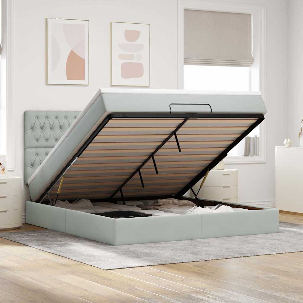 Cadre de lit ottoman et matelas gris clair 160x200cm velours - XIOS