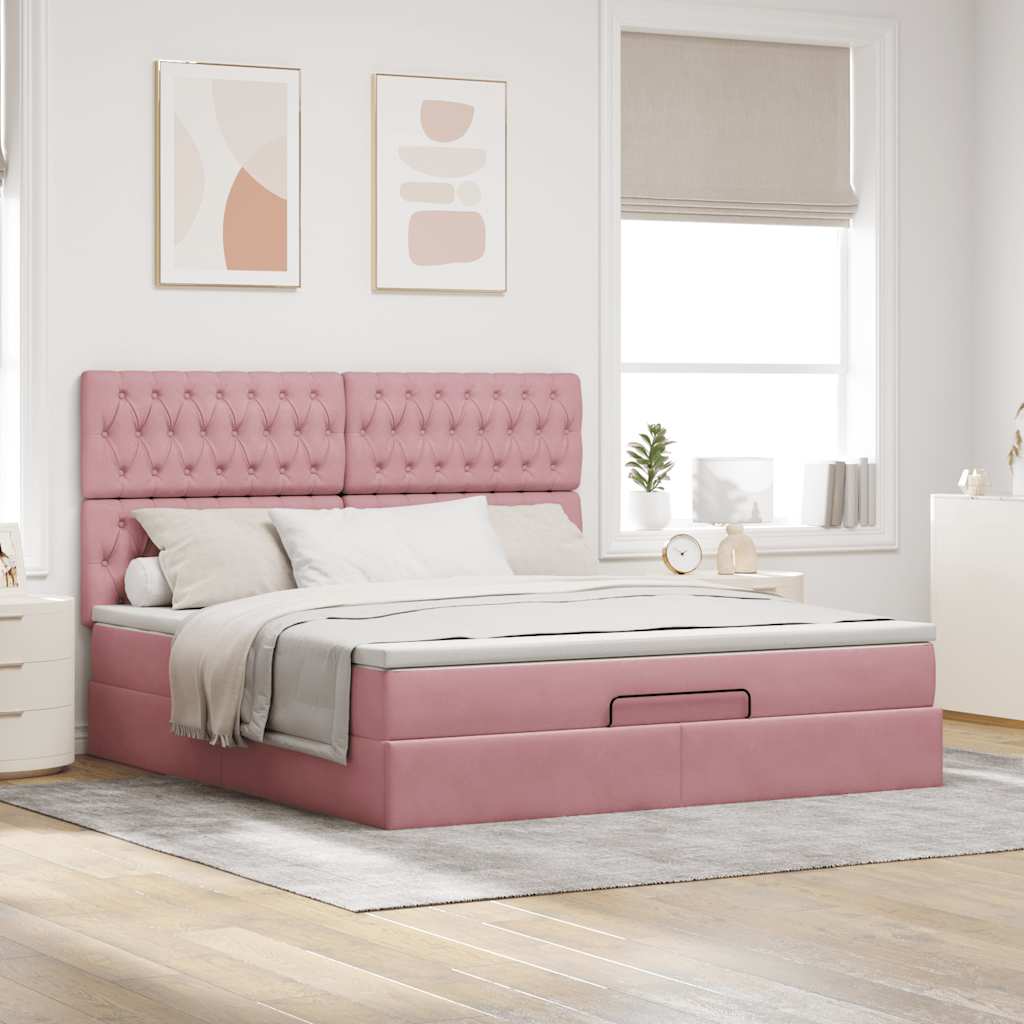 Cadre de lit ottoman avec matelas rose 160x200 cm velours - XIOS