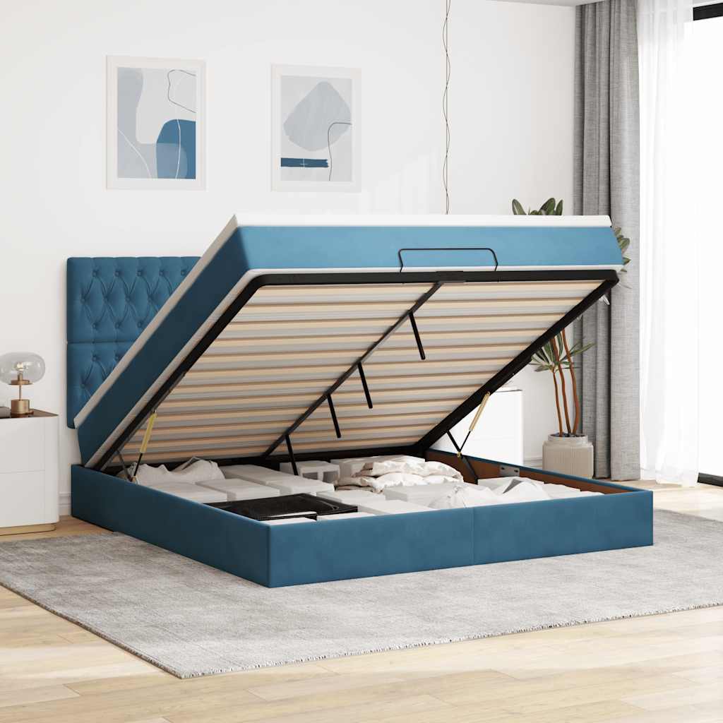 Cadre de lit ottoman avec matelas bleu foncé 180x200 cm velours - XIOS