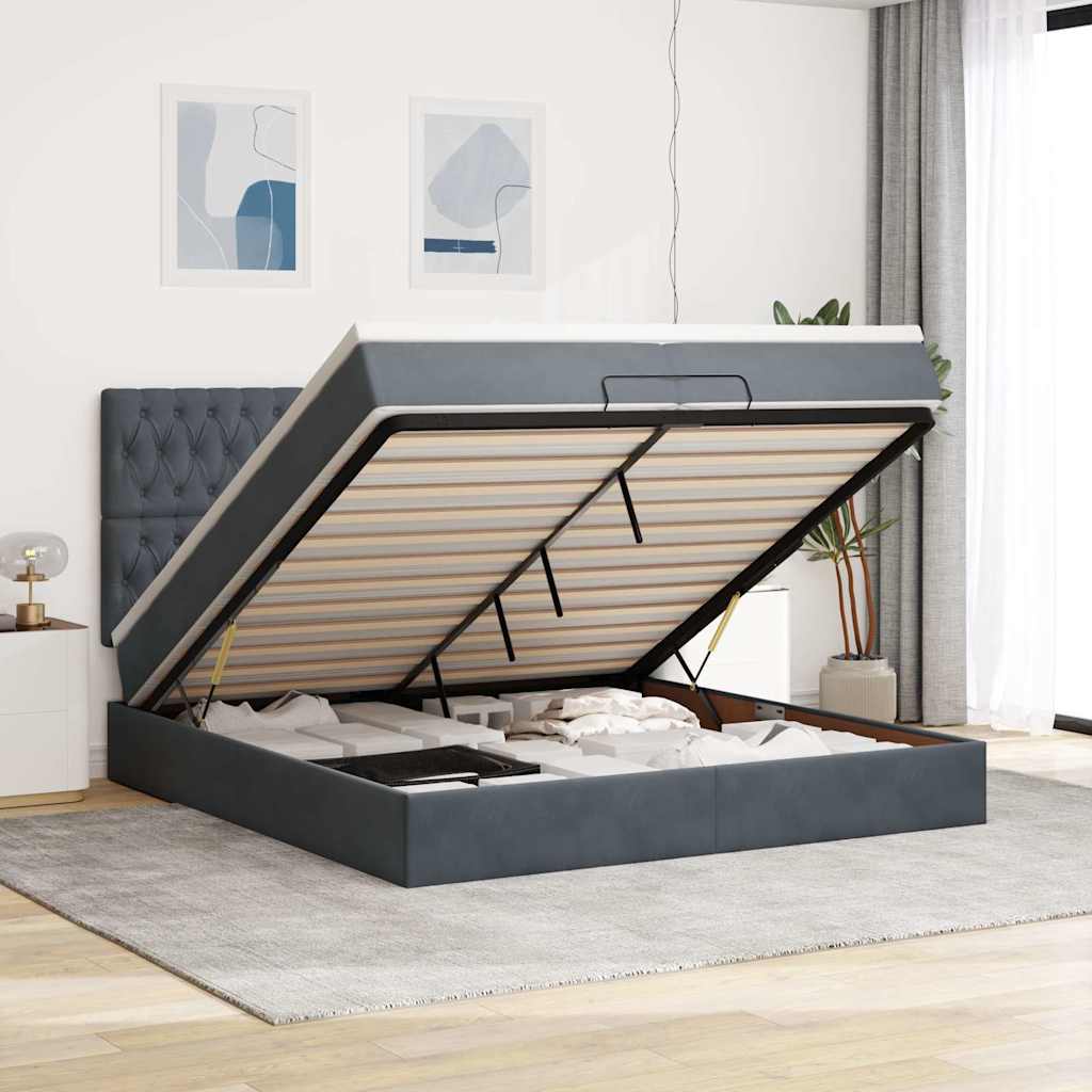 Cadre de lit ottoman avec matelas gris foncé 200x200 cm velours - XIOS