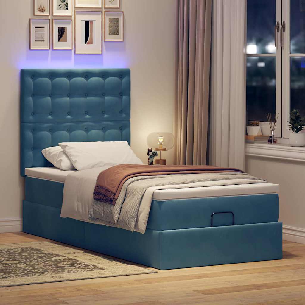Cadre de lit ottoman avec matelas bleu foncé 90x190 cm velours - XIOS