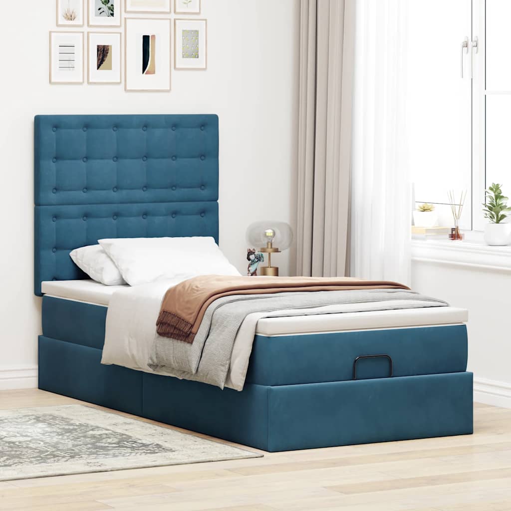 Cadre de lit ottoman avec matelas bleu foncé 90x190 cm velours - XIOS