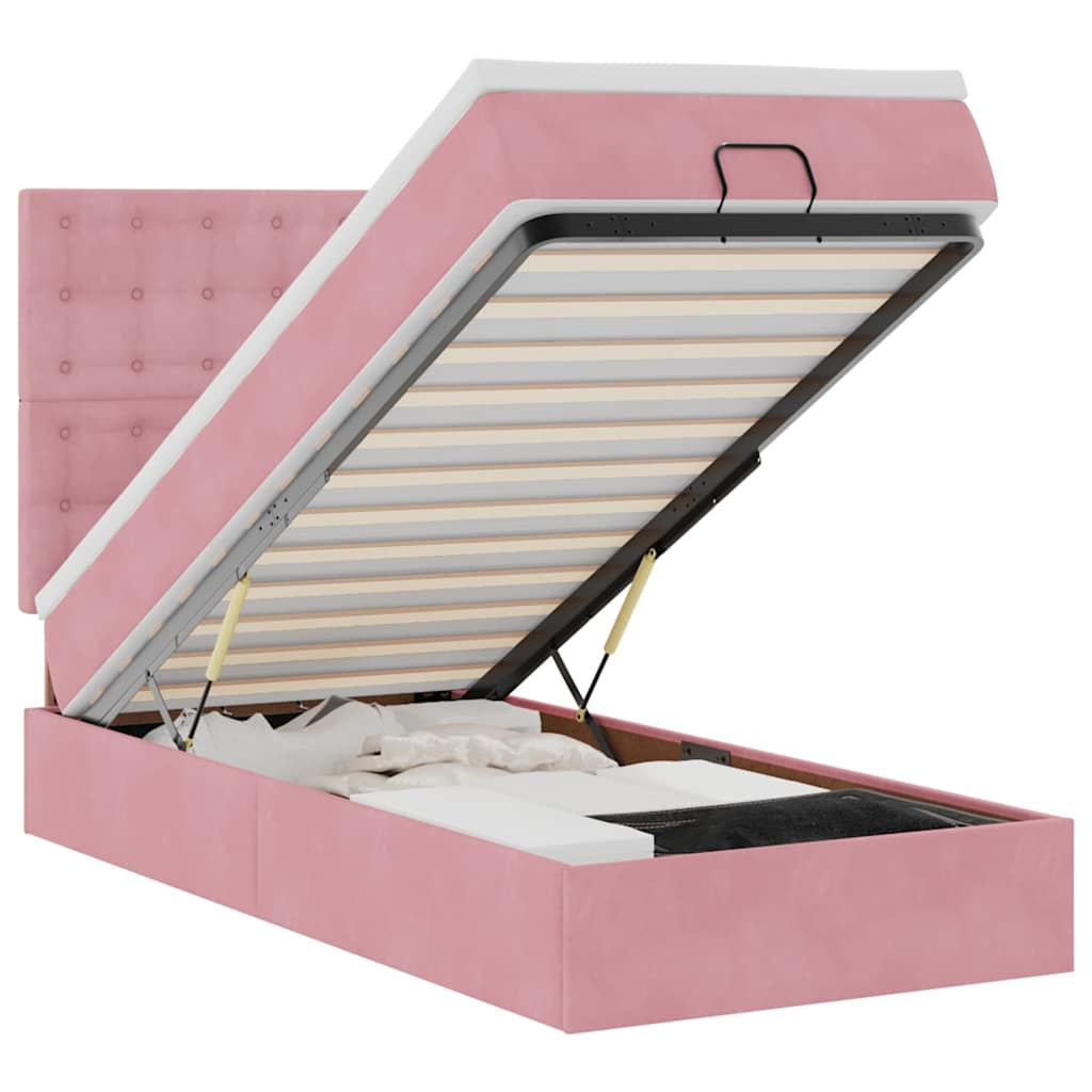 Cadre de lit ottoman avec matelas rose 90x200 cm velours - XIOS