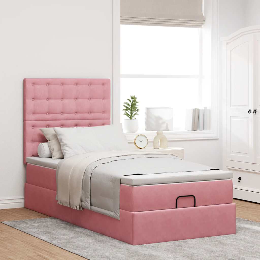 Cadre de lit ottoman avec matelas rose 90x200 cm velours - XIOS