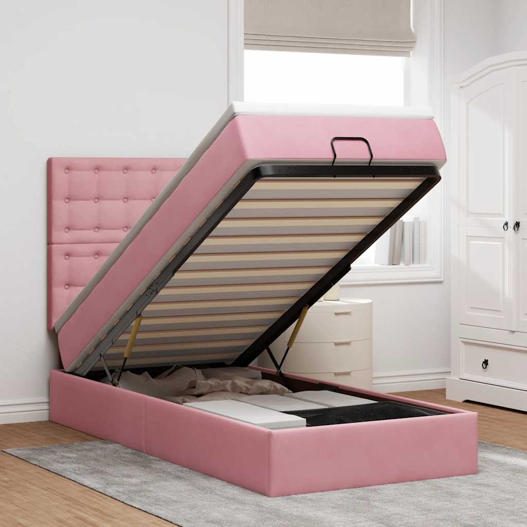 Cadre de lit ottoman avec matelas rose 90x200 cm velours - XIOS
