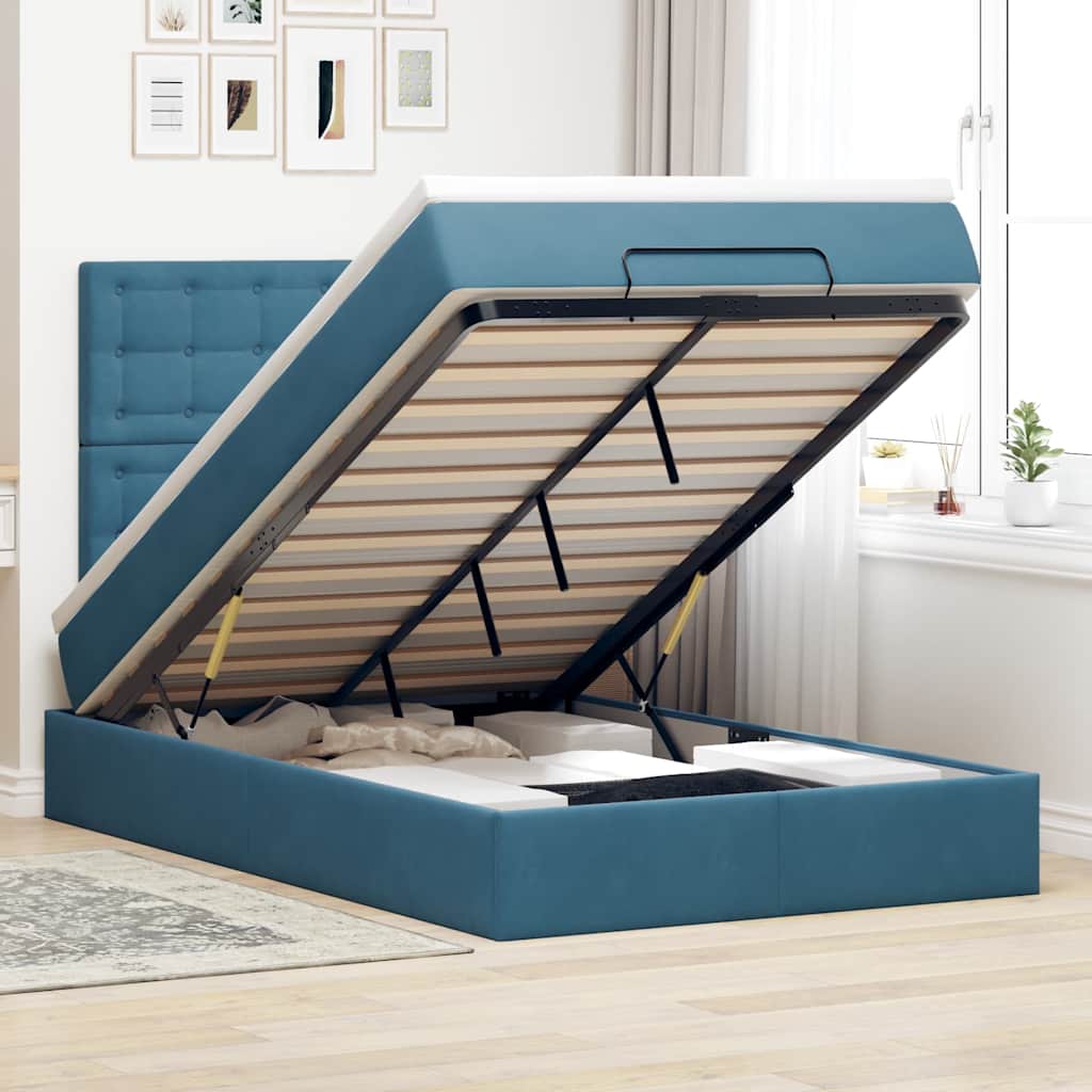 Cadre de lit ottoman avec matelas bleu foncé 120x200 cm velours - XIOS