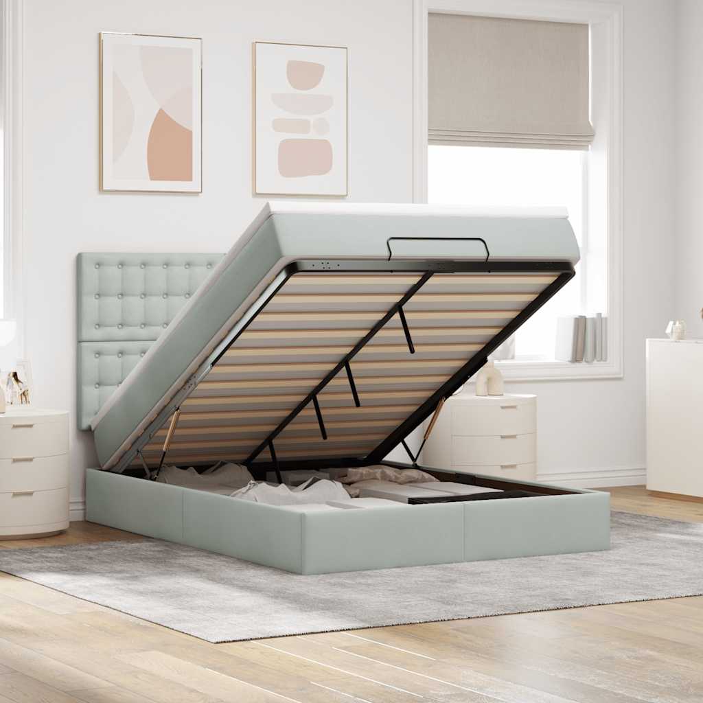 Cadre de lit ottoman et matelas gris clair 140x190 velours - XIOS