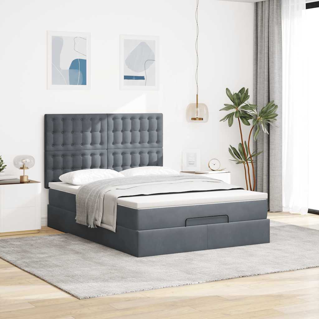 Cadre de lit ottoman avec matelas gris foncé 140x190 cm velours - XIOS