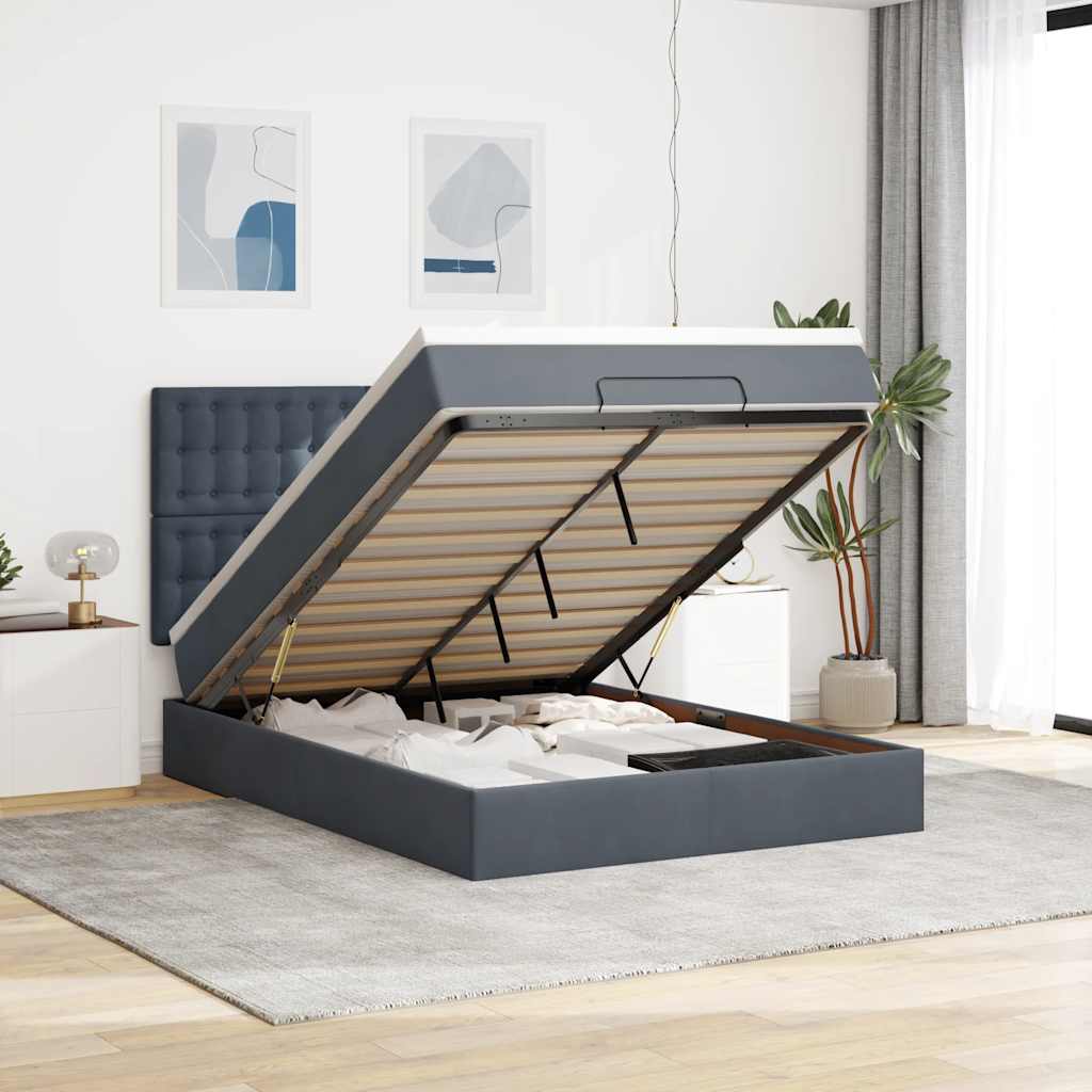 Cadre de lit ottoman avec matelas gris foncé 140x190 cm velours - XIOS