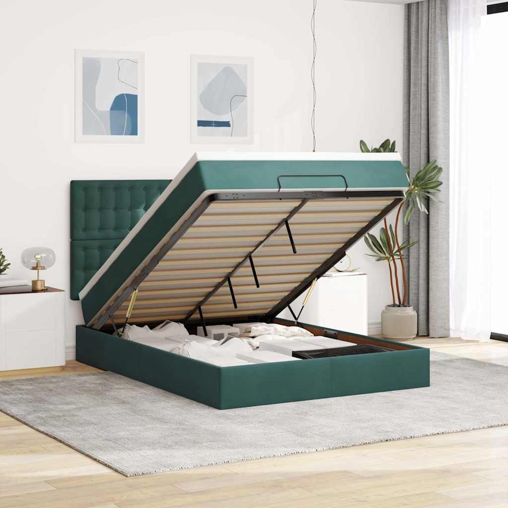 Cadre de lit ottoman avec matelas vert foncé 140x190 cm velours - XIOS