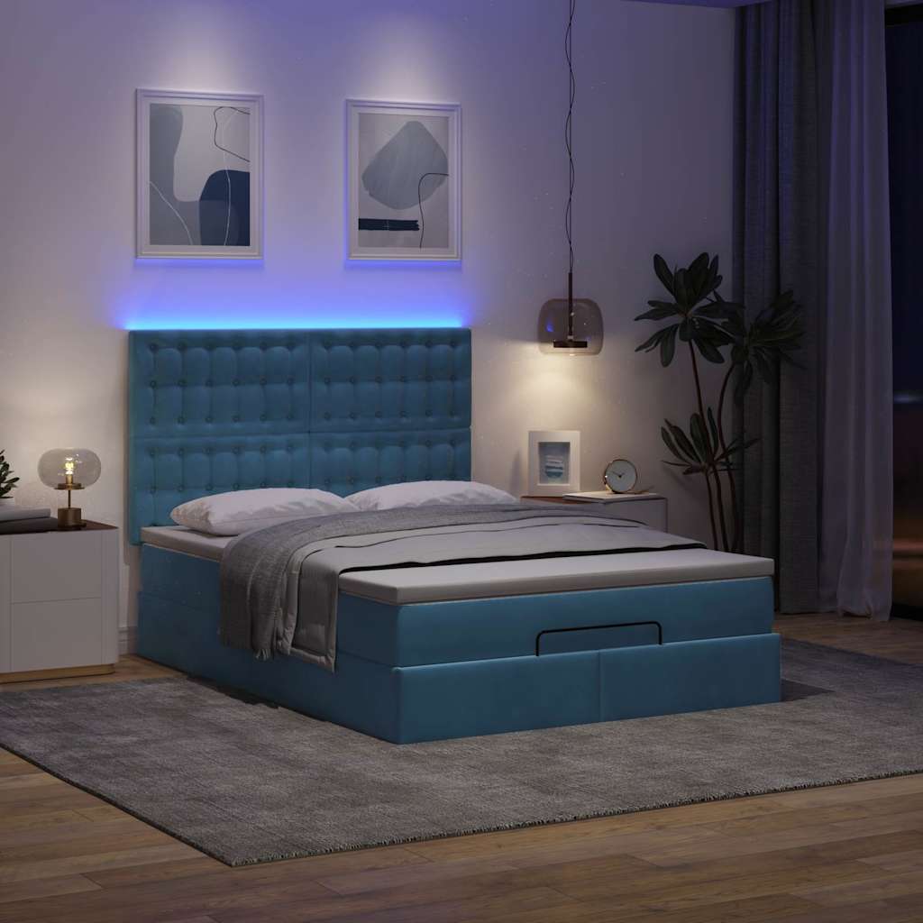 Cadre de lit ottoman avec matelas bleu foncé 140x190 cm velours - XIOS