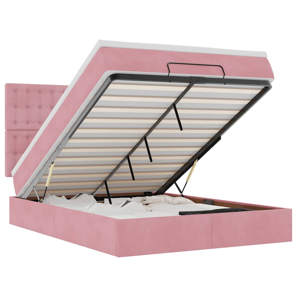 Cadre de lit ottoman avec matelas rose 140x190 cm velours - XIOS