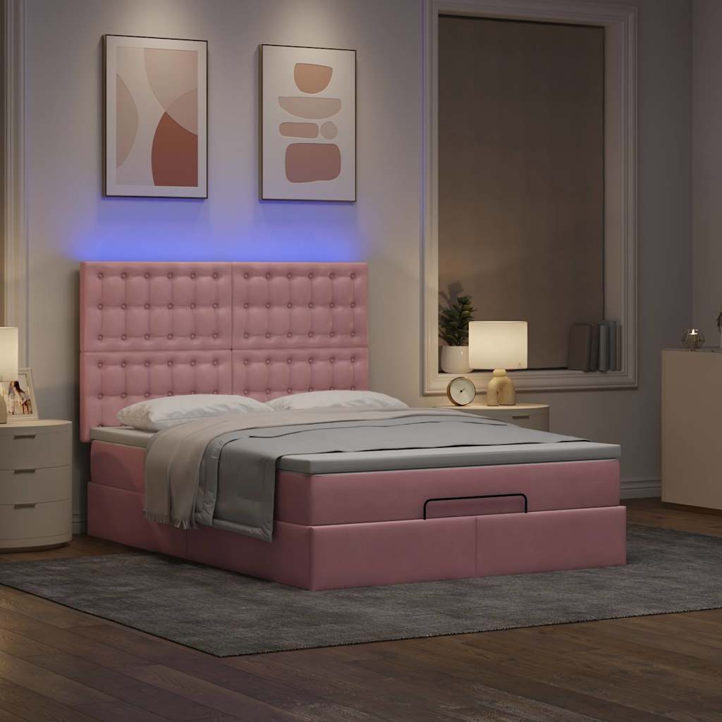 Cadre de lit ottoman avec matelas rose 140x190 cm velours - XIOS