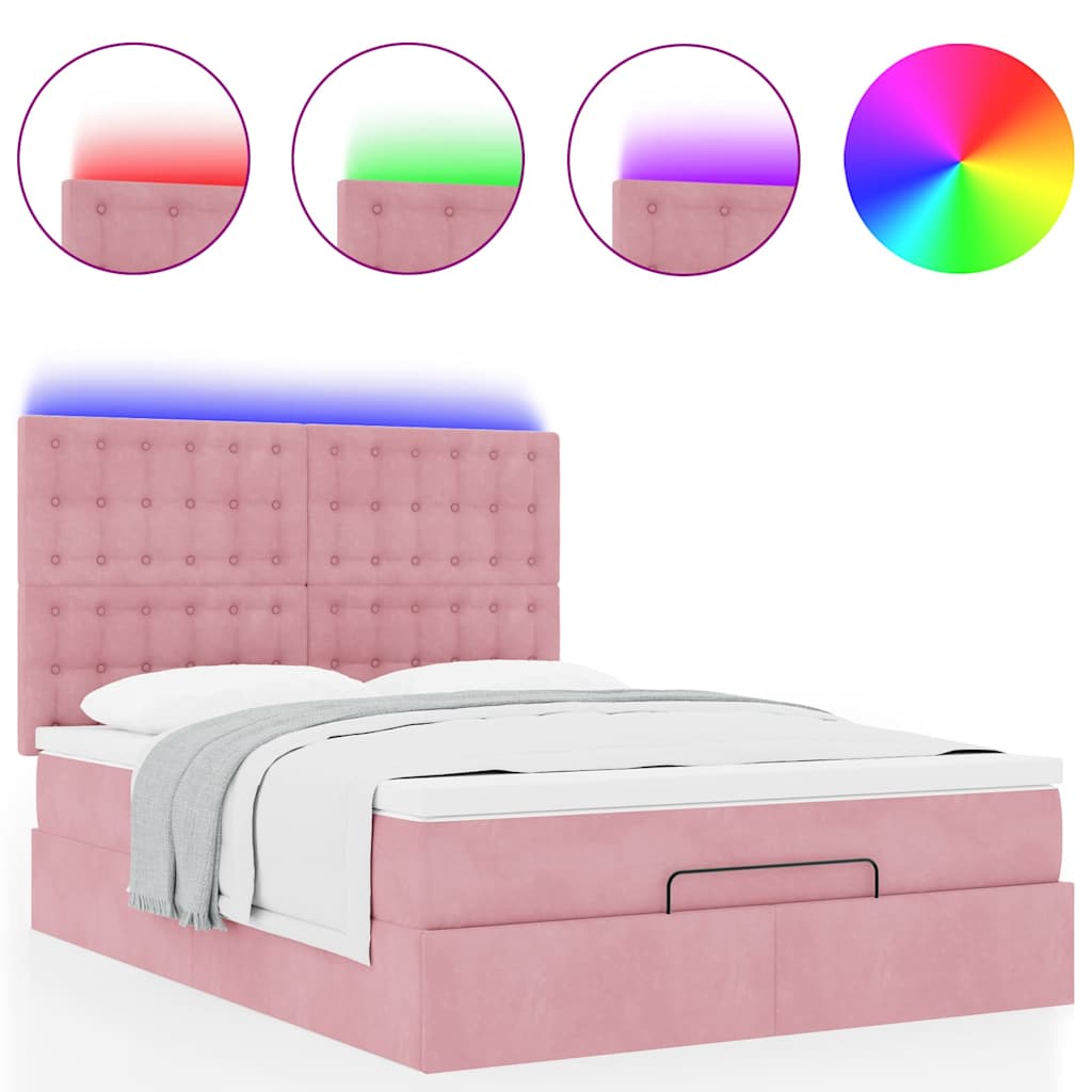Cadre de lit ottoman avec matelas rose 140x190 cm velours - XIOS