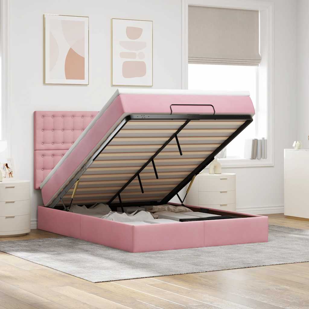 Cadre de lit ottoman avec matelas rose 140x200 cm velours - XIOS