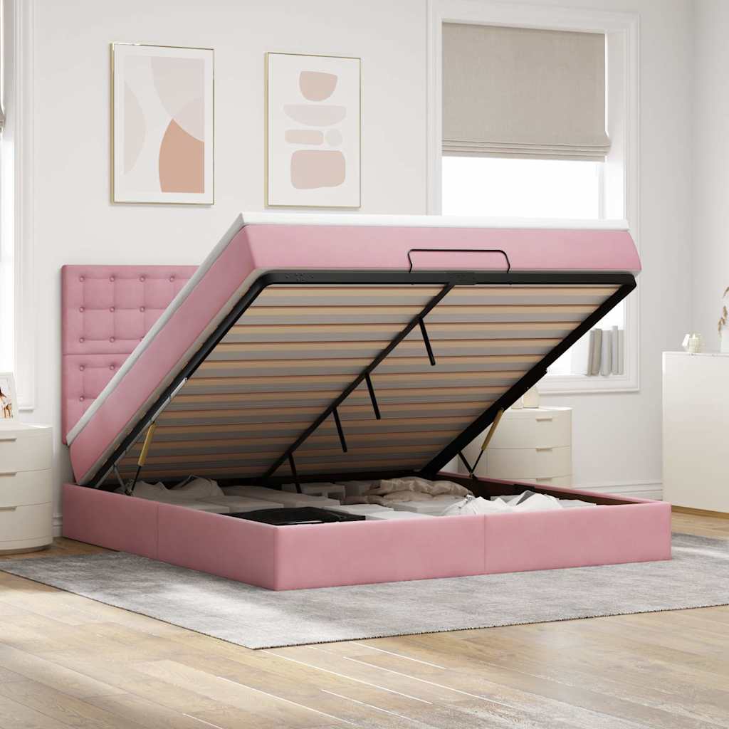 Cadre de lit ottoman avec matelas rose 160x200 cm velours - XIOS