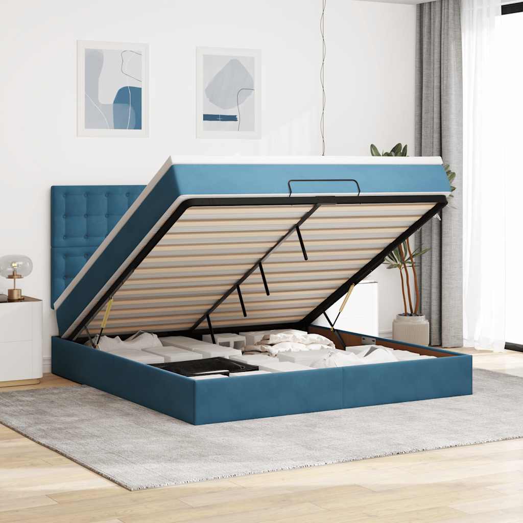 Cadre de lit ottoman avec matelas bleu foncé 180x200 cm velours - XIOS