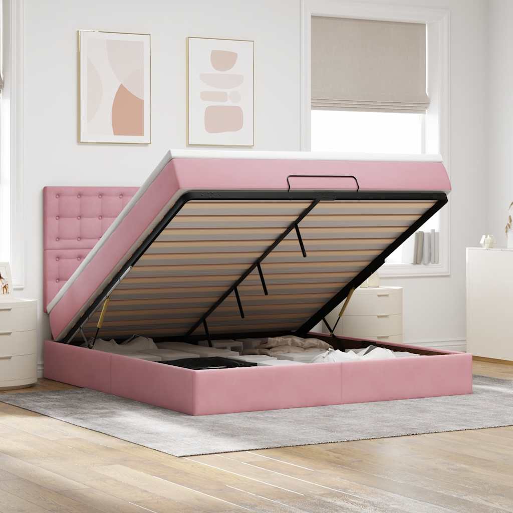 Cadre de lit ottoman avec matelas rose 180x200 cm velours - XIOS