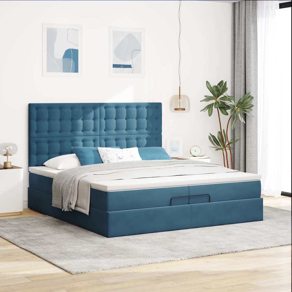 Cadre de lit ottoman avec matelas bleu foncé 200x200 cm velours - XIOS