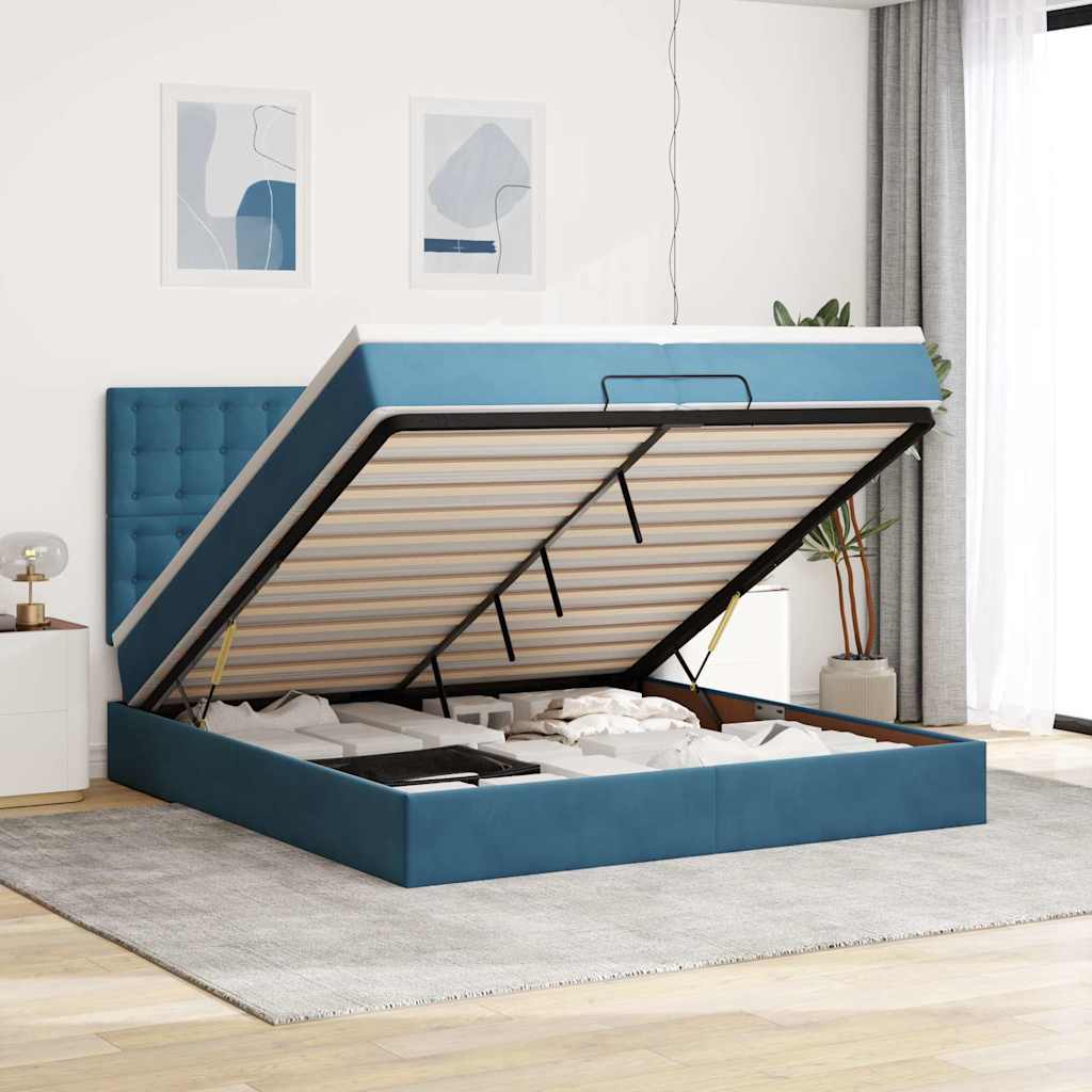 Cadre de lit ottoman avec matelas bleu foncé 200x200 cm velours - XIOS