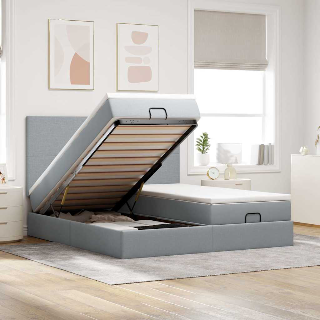 Cadre de lit ottoman et matelas gris clair 160x200cm tissu - XIOS
