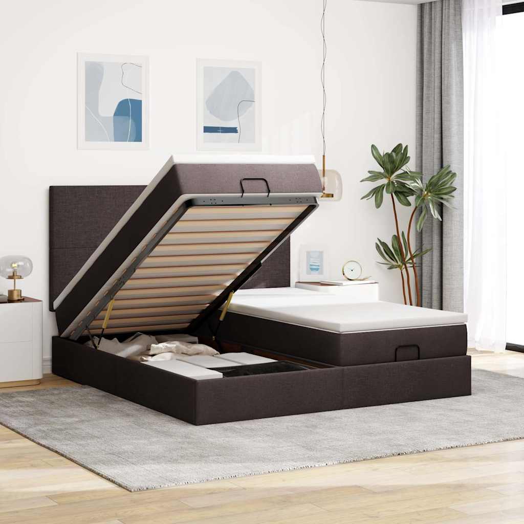 Cadre de lit ottoman avec matelas marron foncé 180x200 cm tissu - XIOS