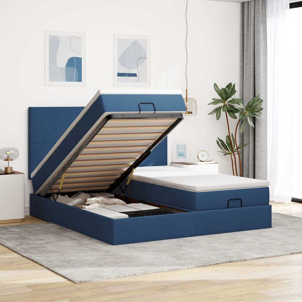 Cadre de lit ottoman avec matelas bleu 180x200 cm tissu - XIOS