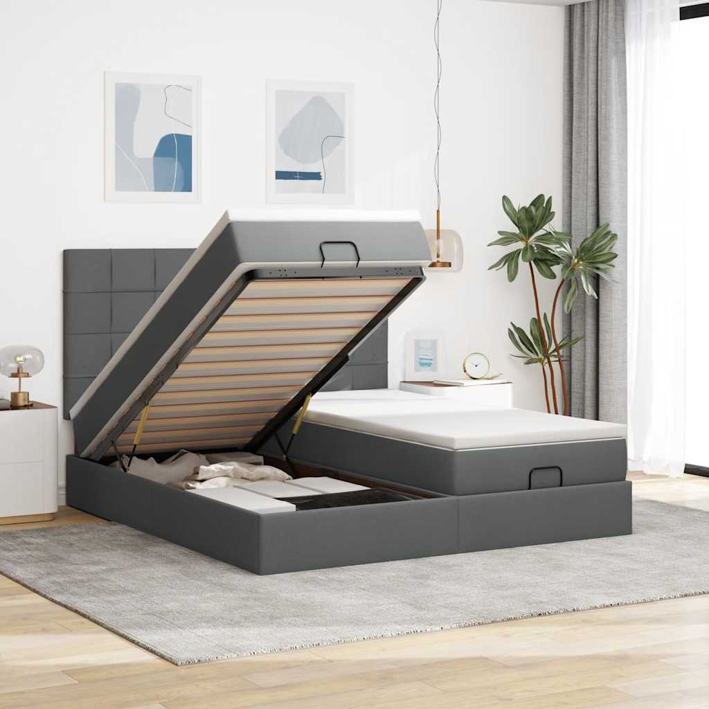 Cadre de lit ottoman avec matelas gris foncé 160x200cm tissu - XIOS