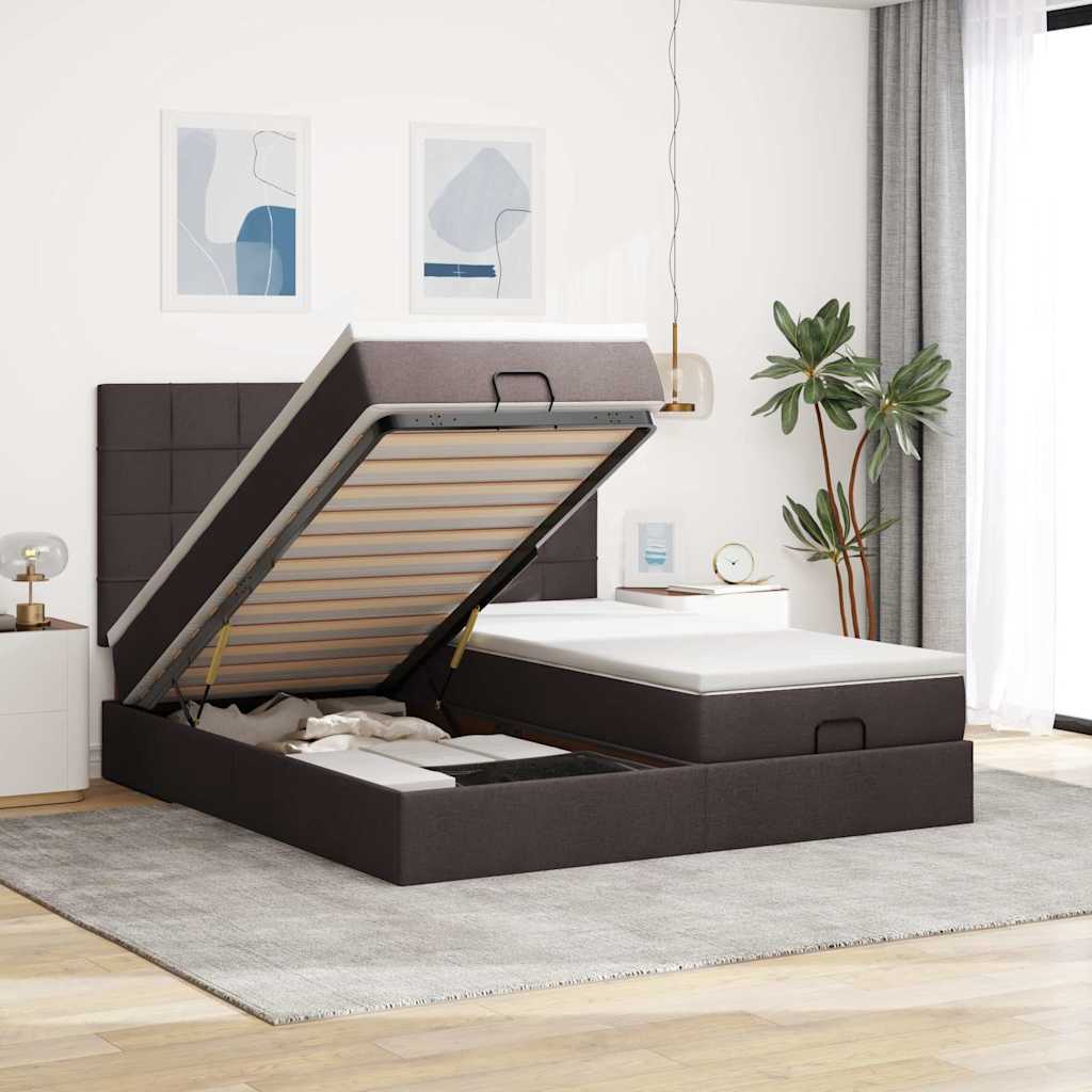 Cadre de lit ottoman avec matelas marron foncé 160x200 cm tissu - XIOS