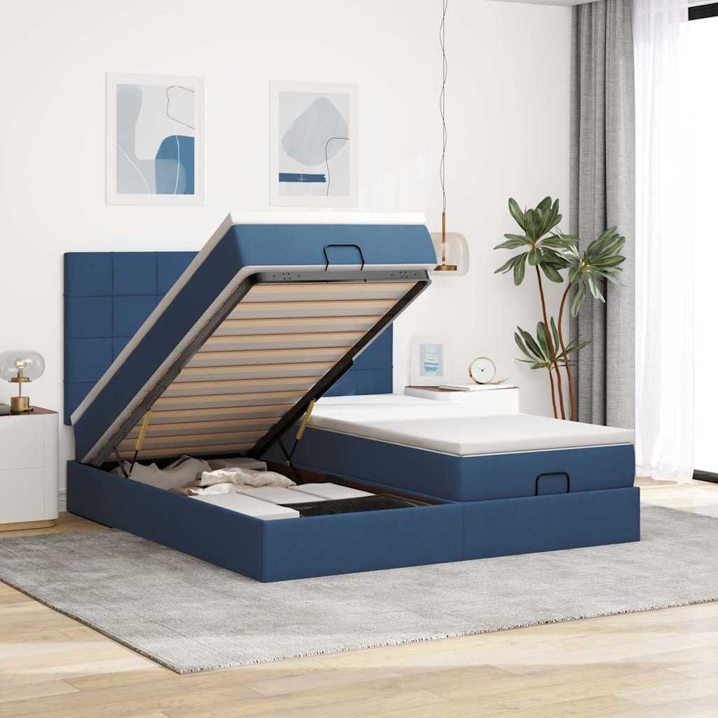 Cadre de lit ottoman avec matelas bleu 160x200 cm tissu - XIOS