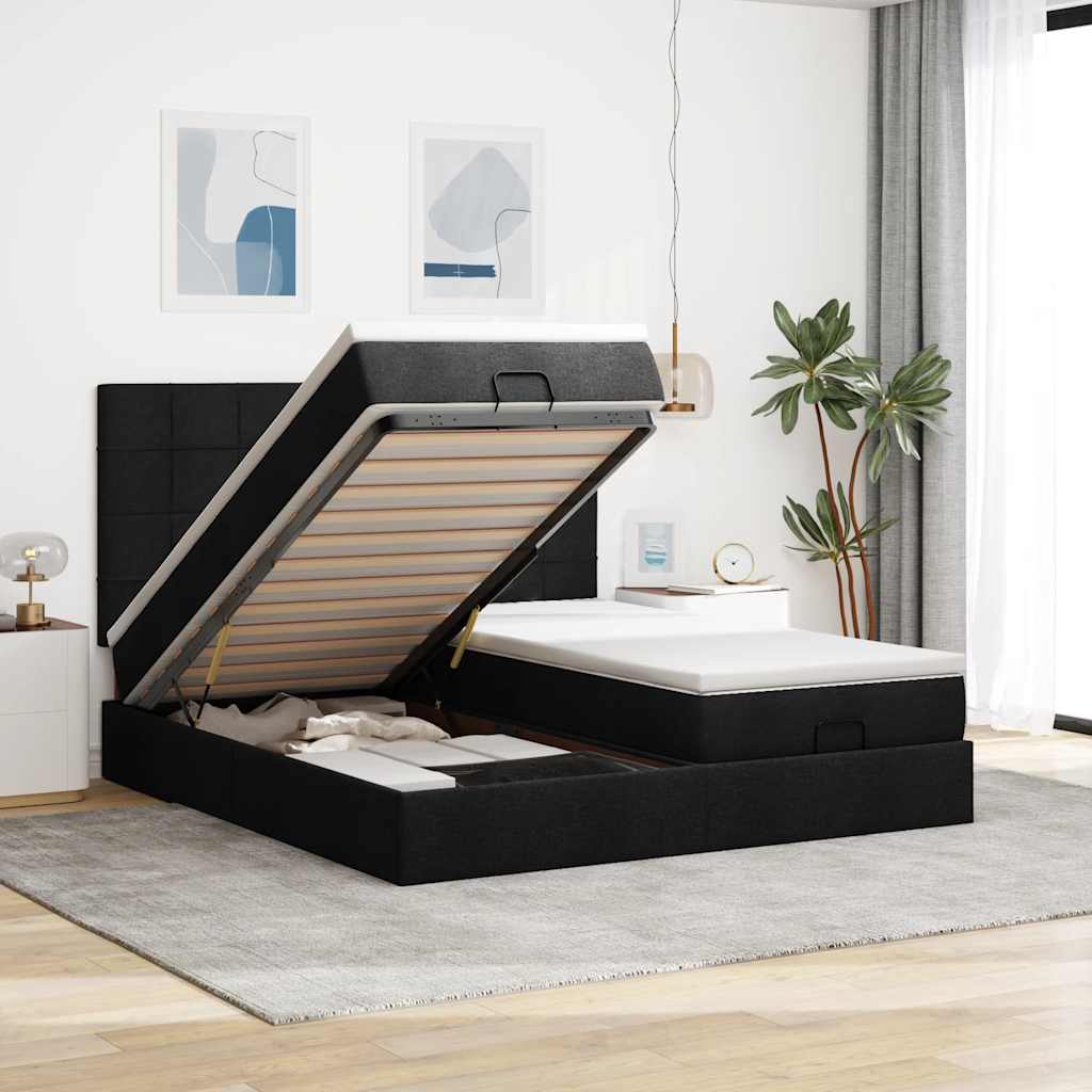 Cadre de lit ottoman avec matelas noir 180x200cm tissu - XIOS