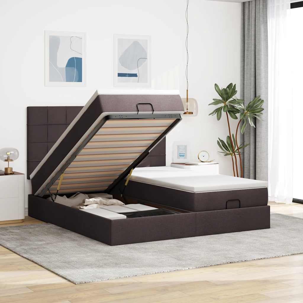 Cadre de lit ottoman avec matelas marron foncé 180x200 cm tissu - XIOS